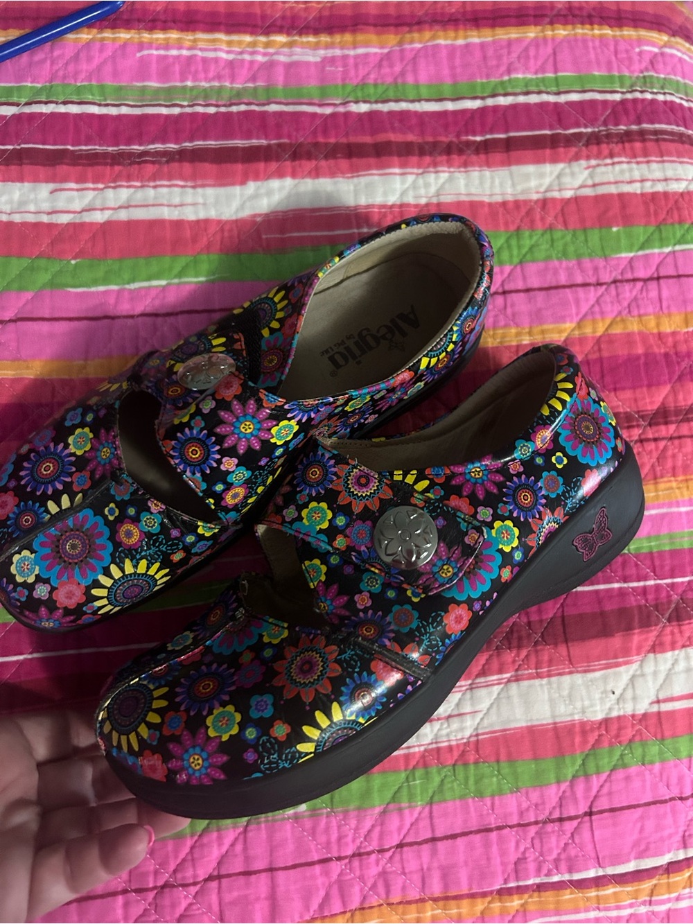 Alegria Black Floral Print Clogs with Silver Button